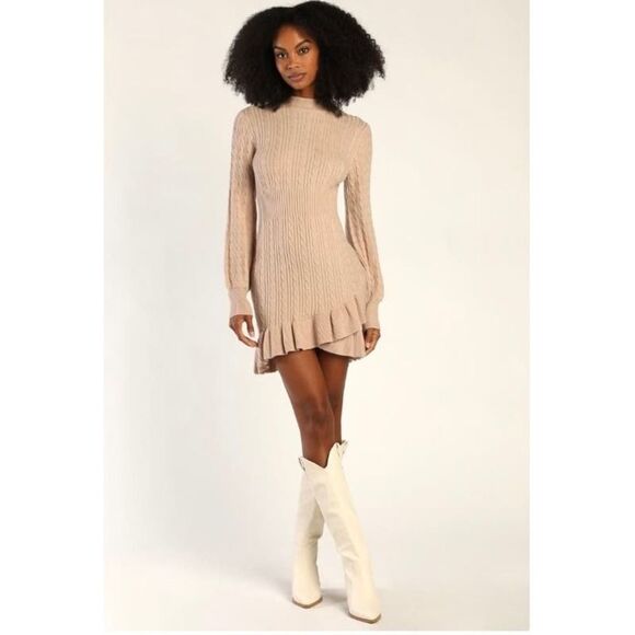 NWT Lulus Fall Cutie Beige Cable Knit Mock Neck Ruffled Mini Sweater Dress L - Picture 7 of 7